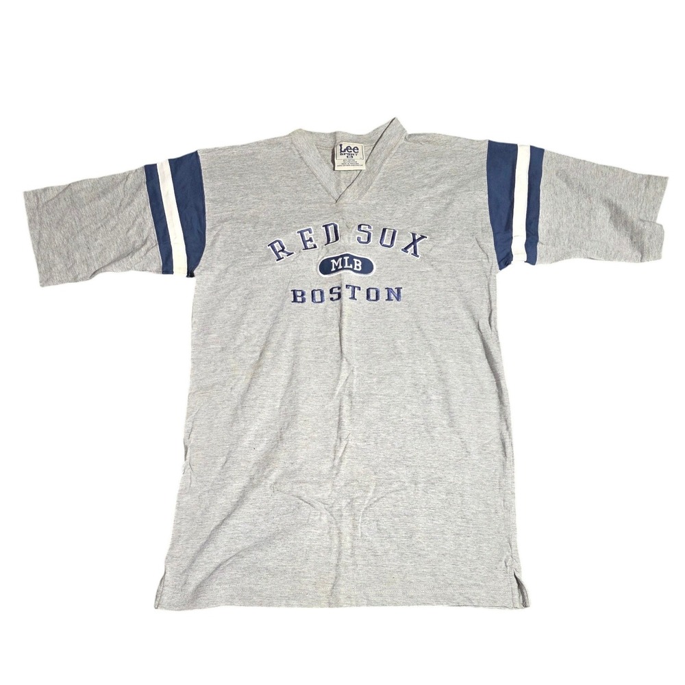 Lee Sport Boston Red‎ Sox MLB Grey V-Neck Striped Sleeve T-Shirt Mens XL